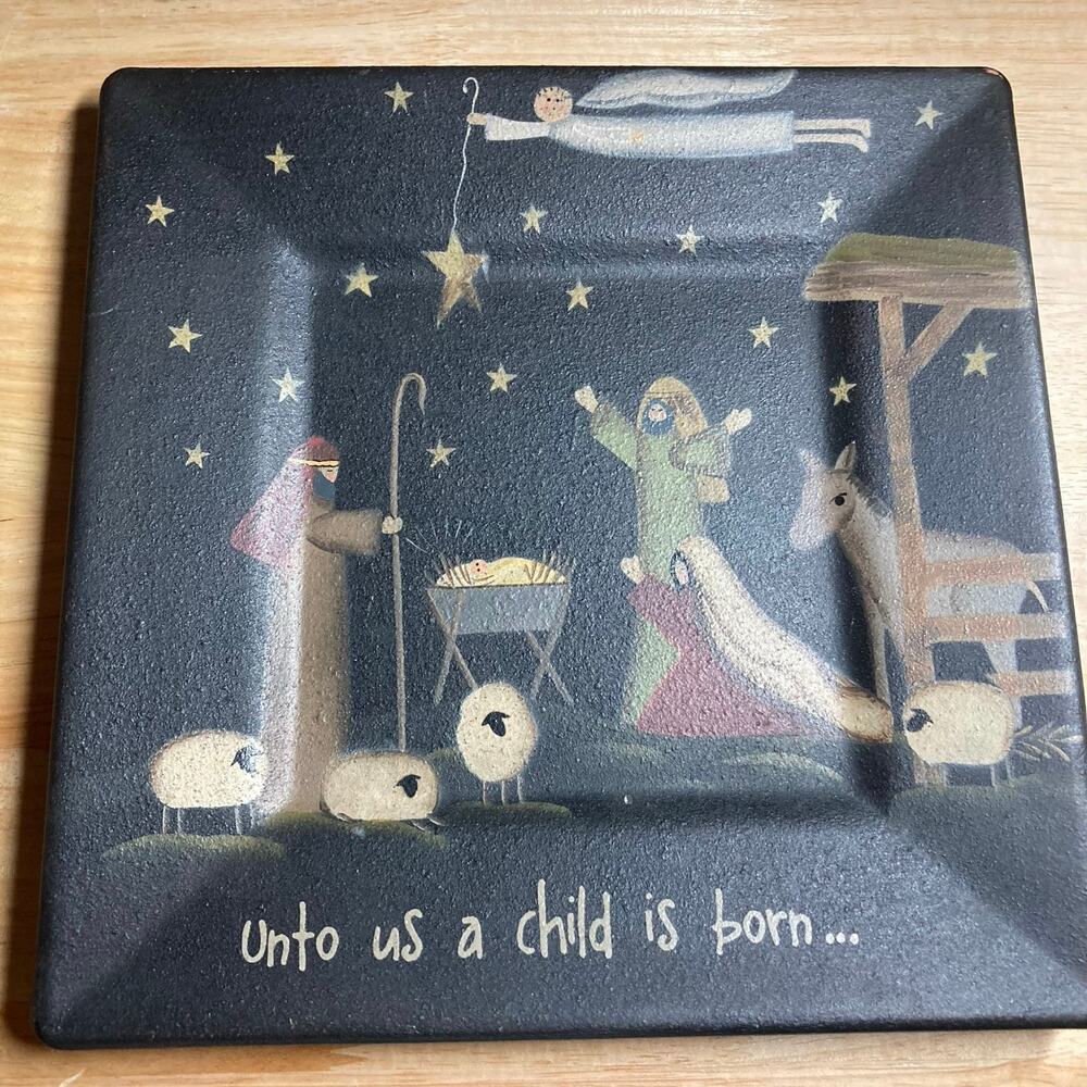 Primitive Wooden Plate - Unto Us... Square Plate - New!